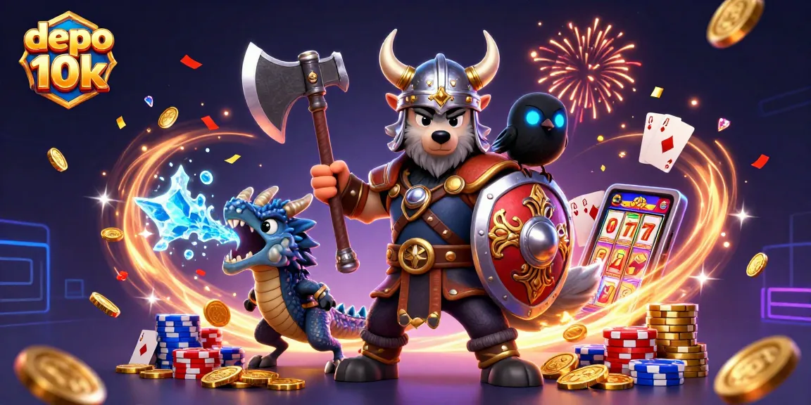 Engage with thrilling gameplay at depo 10k, featuring icy dragons and valiant warriors in a vibrant casino scene.