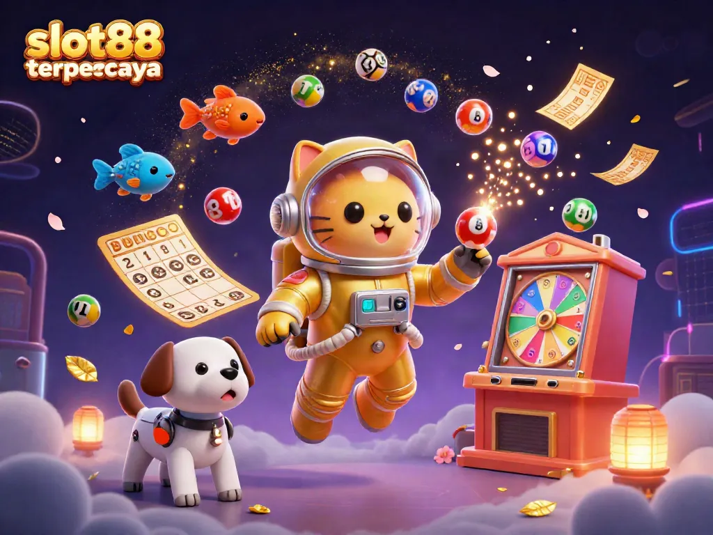 Experience the excitement of slot88 terpercaya with vibrant lottery balls, a golden bingo card, and a space-themed casino scene.