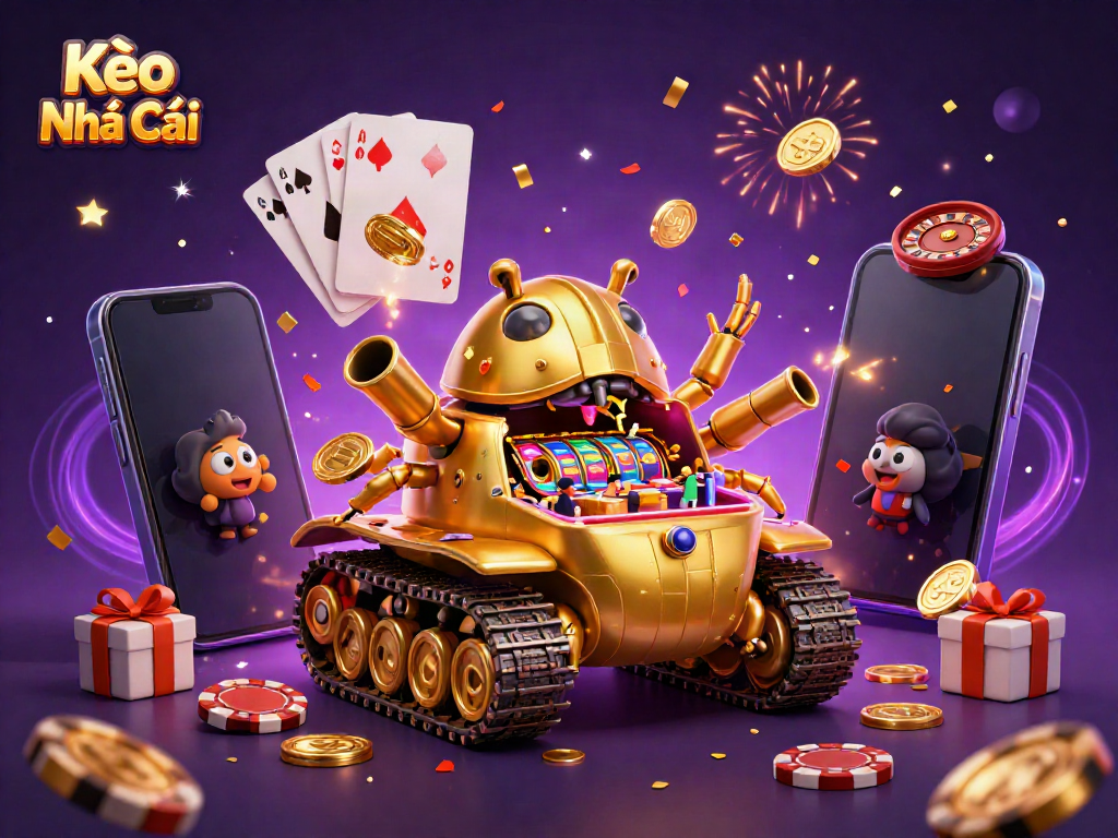 Kèo Nhà Cái showcases vibrant casino action with a golden beetle tank, colorful games, and festive elements
