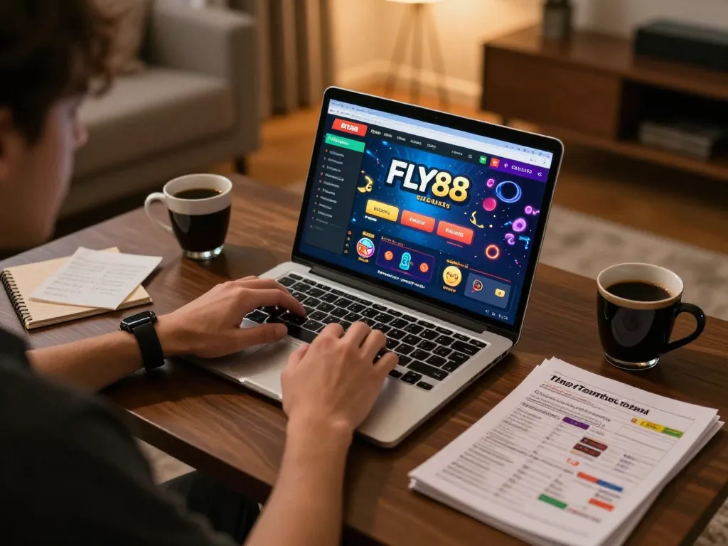 Engaging with FLY88 platform while enjoying a home gambling session with a laptop.