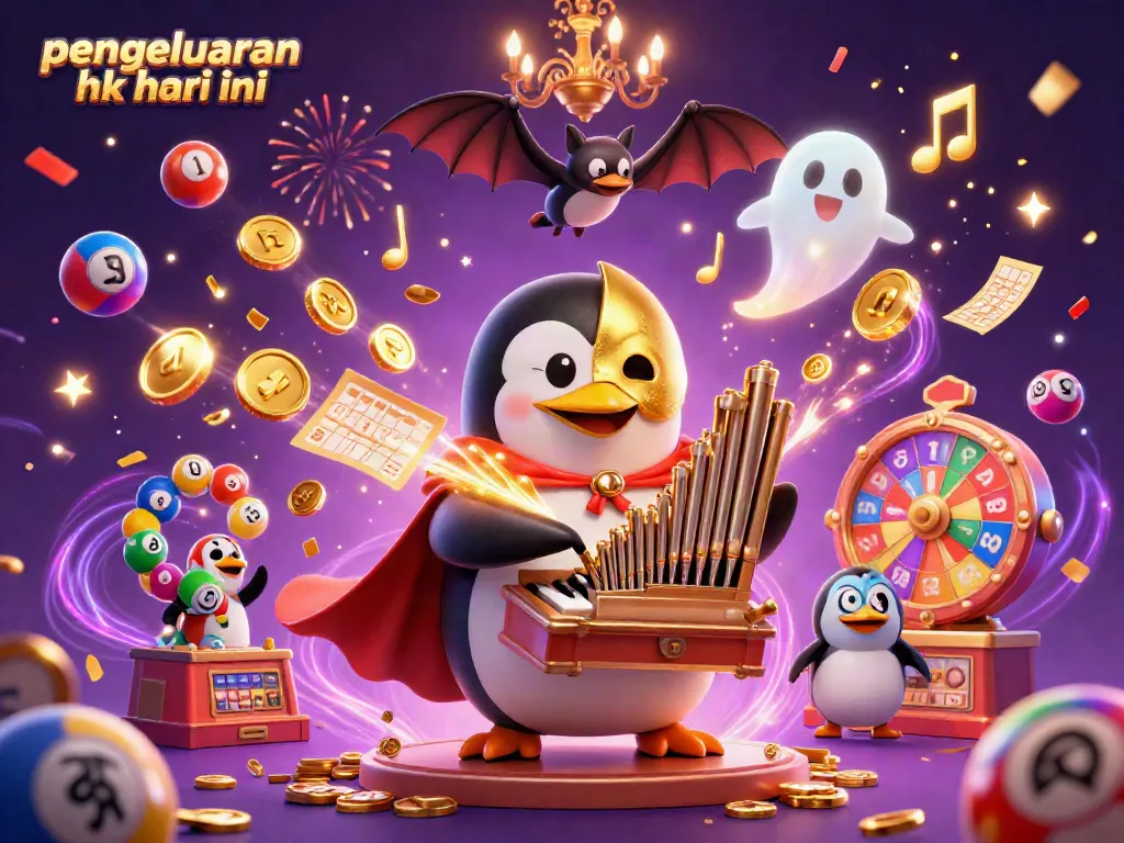 Keluaran hk hari ini ditampilkan dengan karakter penguin opera dan elemen lotere yang dinamis dalam ilustrasi 3D yang menarik.