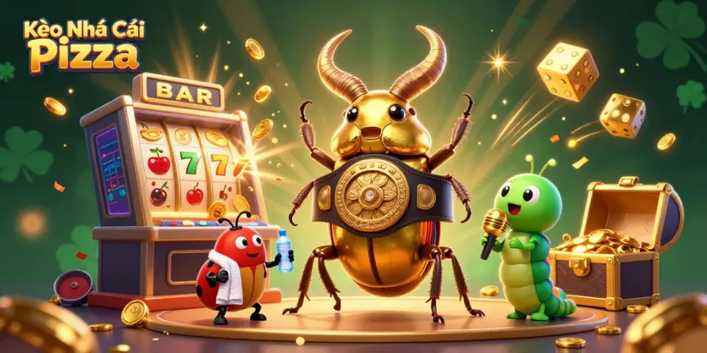 Bet on Kèo Nhà Cái Pizza amidst a dynamic casino scene featuring vibrant 3D characters and elements.