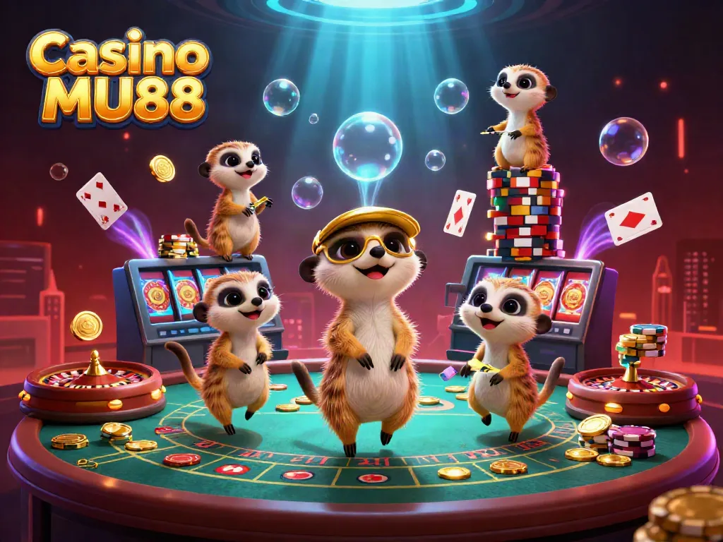 Experience interaction at Casino MU88 with our lively meerkat casino scene featuring card dealers and a pit boss.