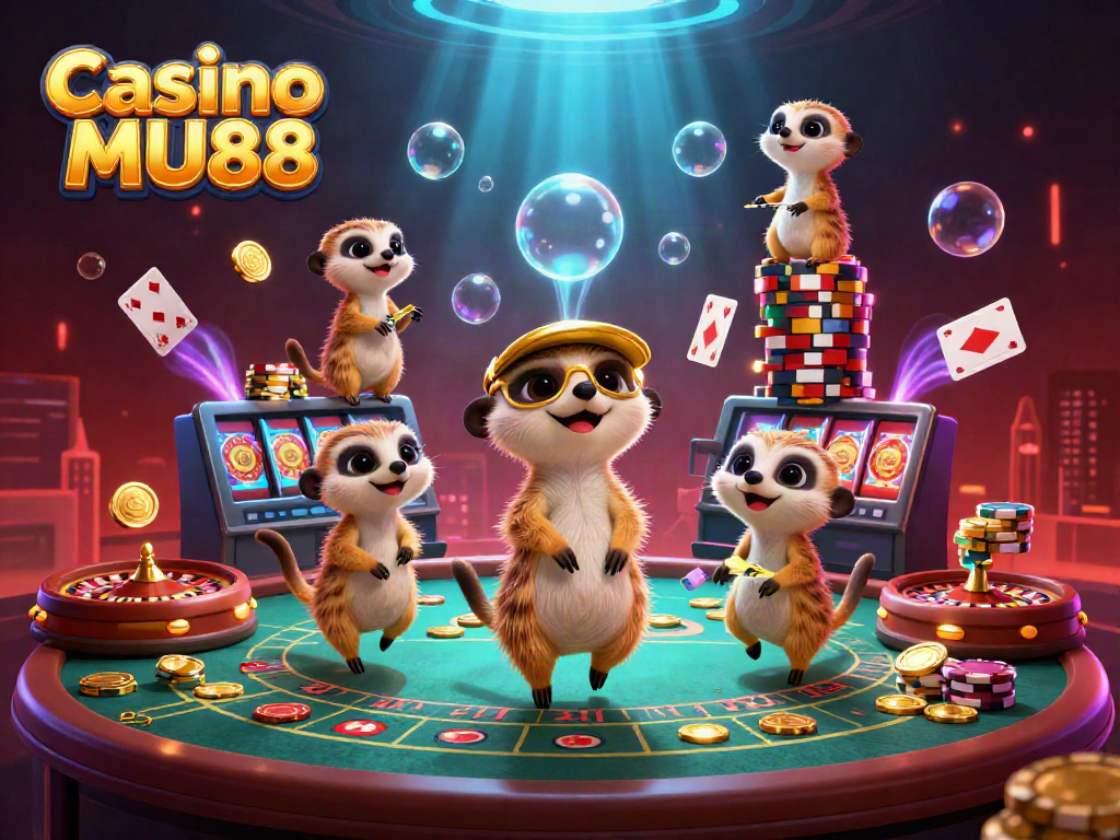 Experience interaction at Casino MU88 with our lively meerkat casino scene featuring card dealers and a pit boss.