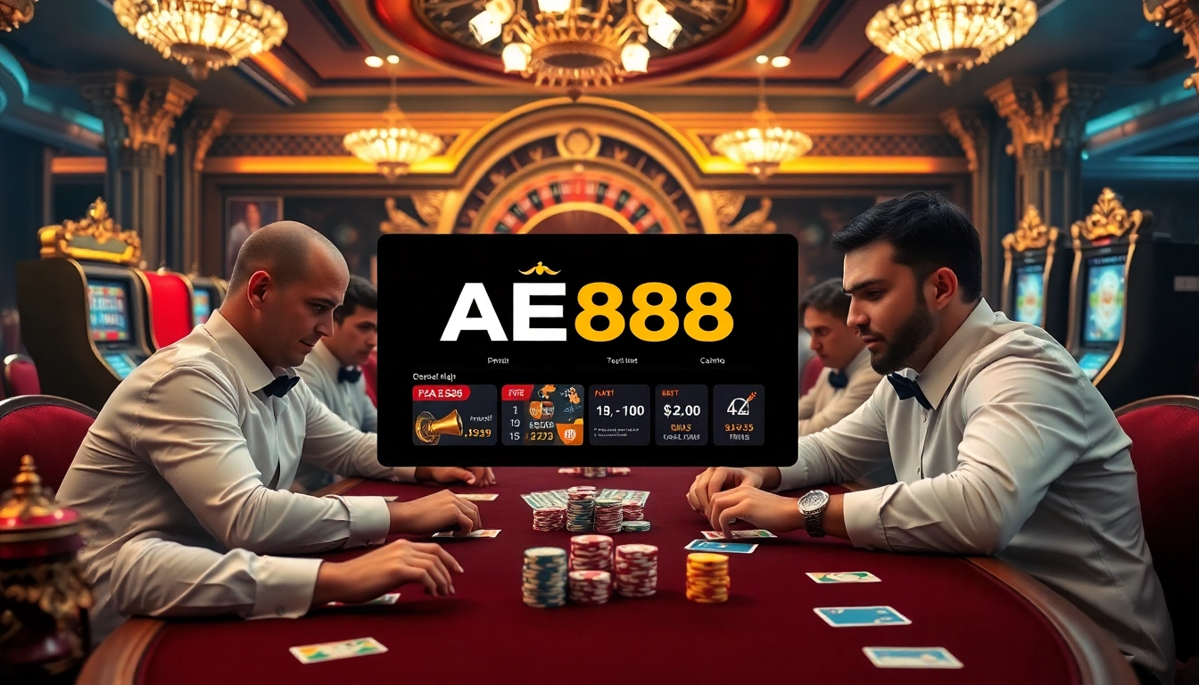 Experience high-stakes poker action with AE888 at a luxurious casino table.
