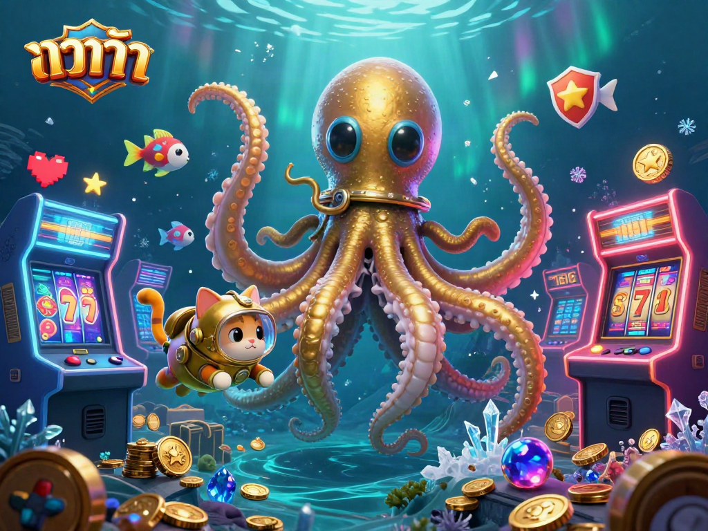 Experience thrilling บาคาร่า action with a kraken and a diving cat in a vibrant 3D casino scene.