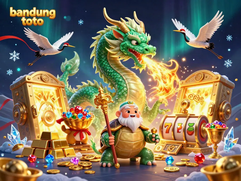 Play exciting slots with bandung toto in a vibrant 3D casino scene featuring a lucky dragon and gold treasures.