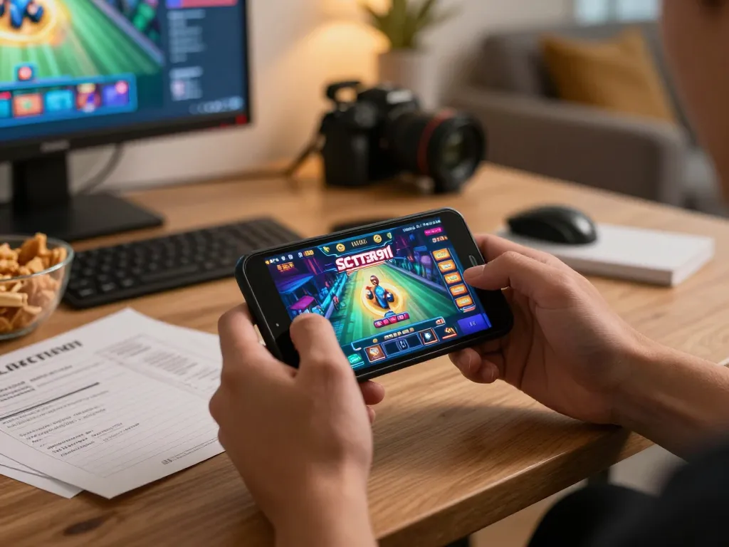 Engaging with SCATTER911 mobile casino app, highlighting dynamic online gambling excitement in a cozy home.