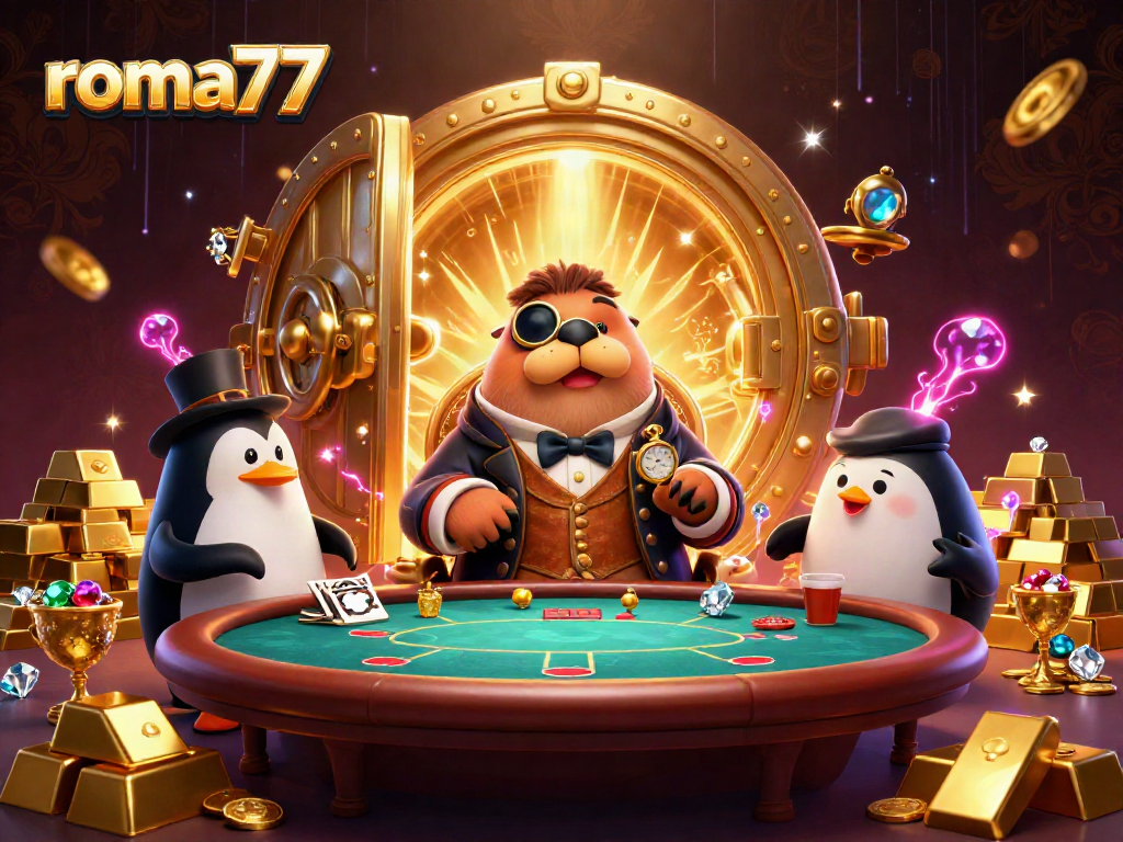 Game seru di roma77 menampilkan walrus jolly dan dealer penguin dalam suasana mewah.