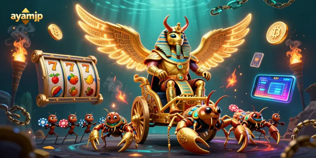 Experience thrilling gameplay with ayamjp's colossal golden scarab beetle in a vibrant casino scene.