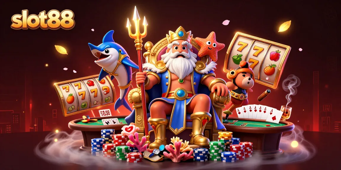 Menggali slot88 dengan raja laut Neptunus dan simbol kebahagiaan dalam ilustrasi kasino 3D yang menakjubkan.