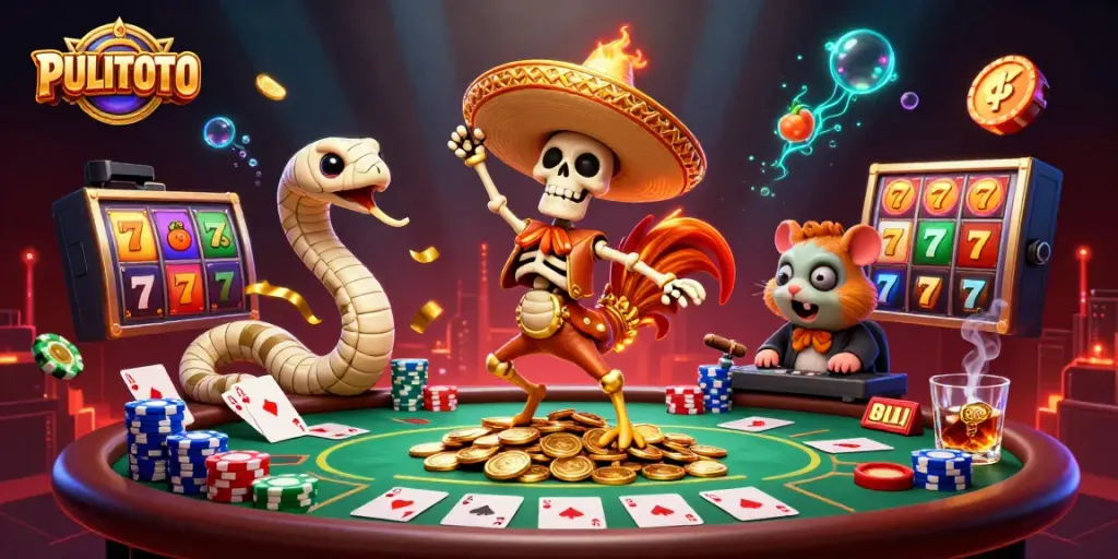 Experience the excitement of PULITOTO with a vibrant casino scene featuring dynamic characters and games.