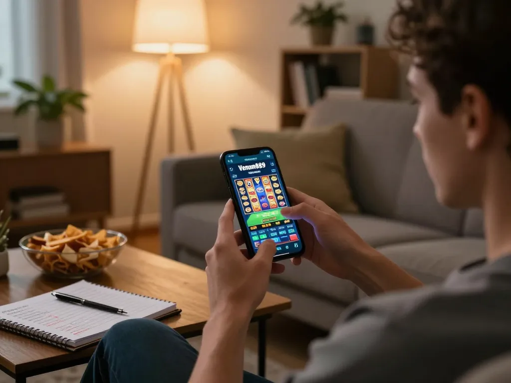Player enjoying Venom889 slots on mobile device, creating a cozy gaming atmosphere.