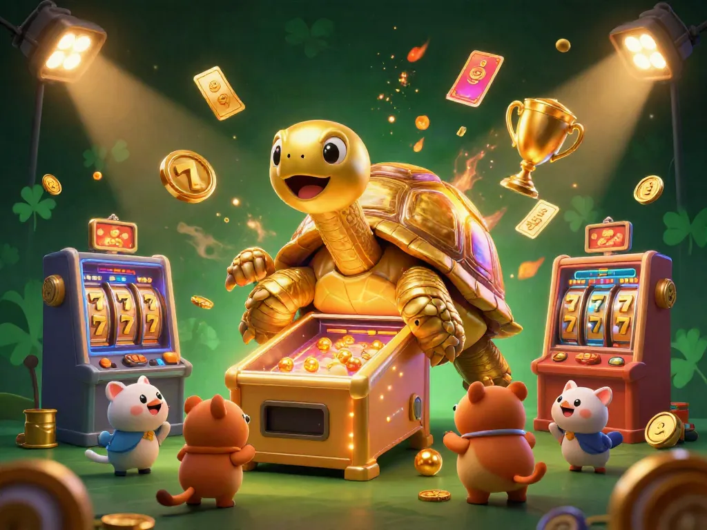 Experience the excitement of BERLINTOTO with a vibrant illustration featuring a golden tortoise and slot machine elements.