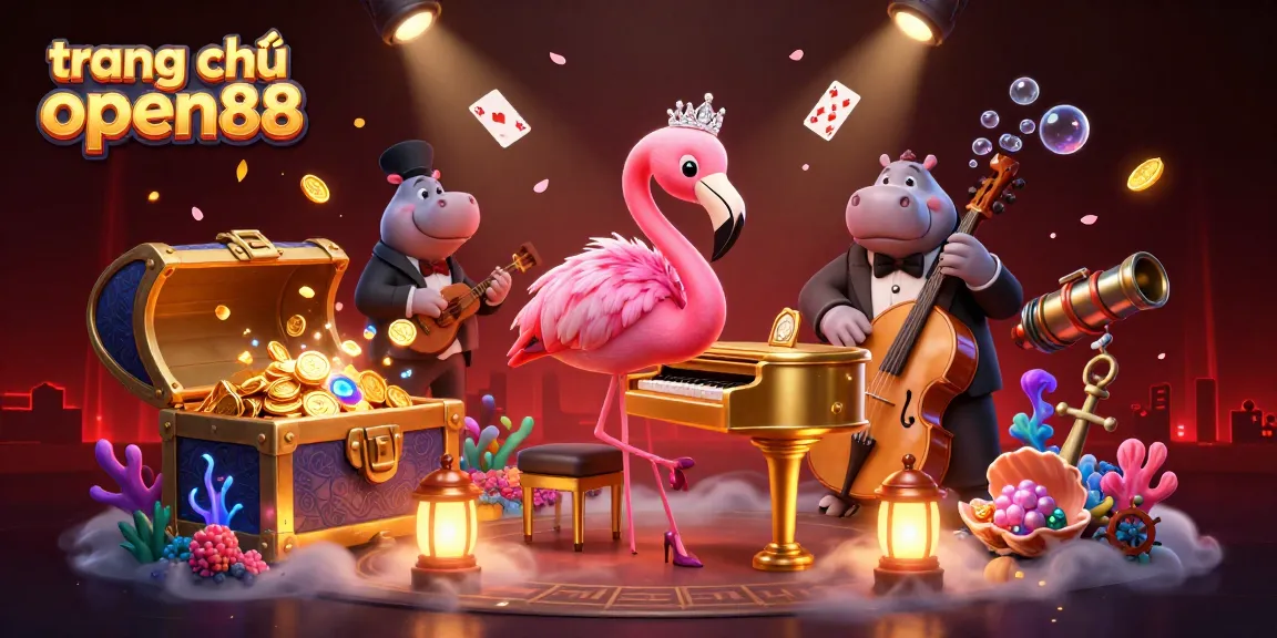 Experience the excitement of trang chủ open88 with vibrant casino-themed 3D illustration featuring unique characters.