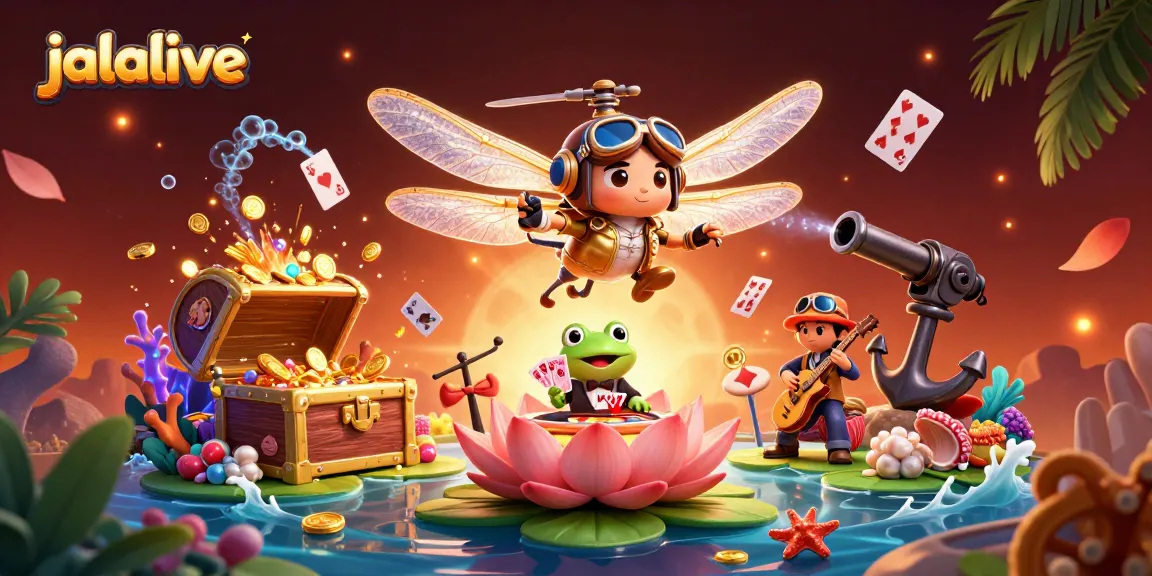 Experience thrilling casino action at jalalive with dragonfly pilot and frog dealer amidst a vibrant underwater scene.