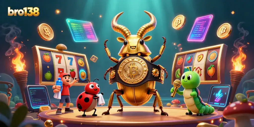 Engage with bro138's vibrant casino scene featuring golden characters and dynamic slots.