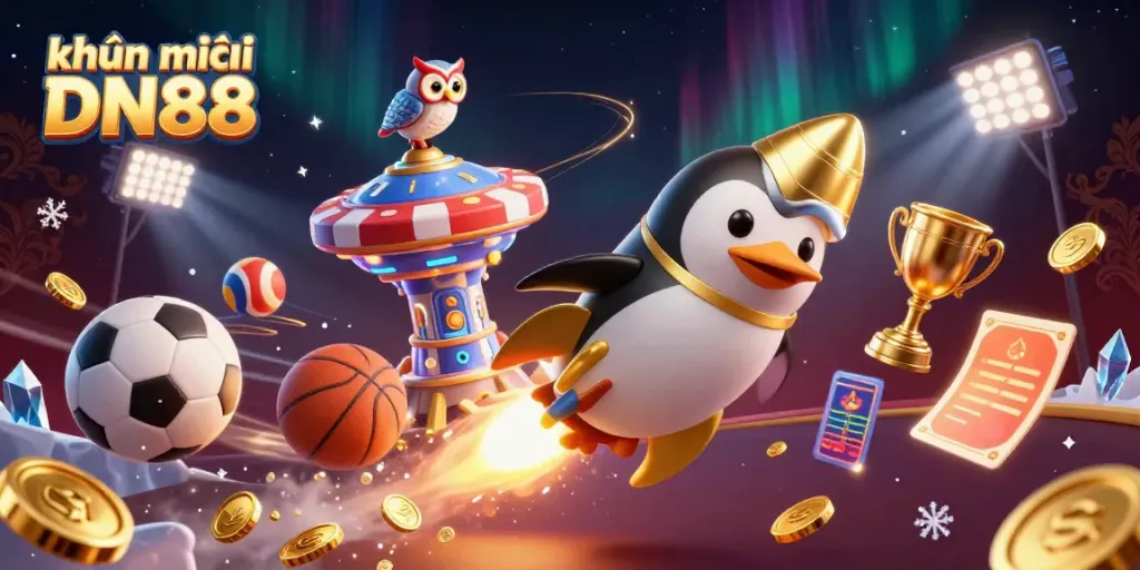 Join the fun with khuyến mãi DN88 featuring a golden penguin and sports elements in a colorful casino scene.