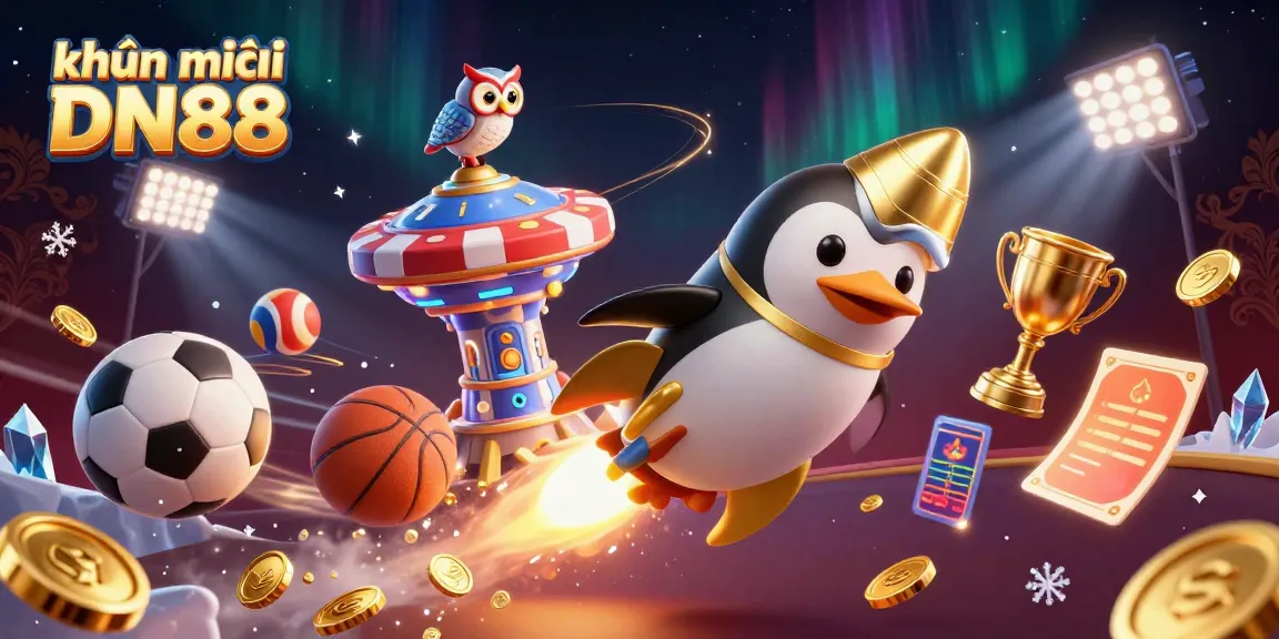 Join the fun with khuyến mãi DN88 featuring a golden penguin and sports elements in a colorful casino scene.