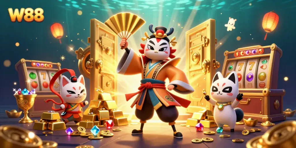 Experience thrilling W88 casino action with a vibrant 3D illustration featuring kabuki warriors and golden treasures.