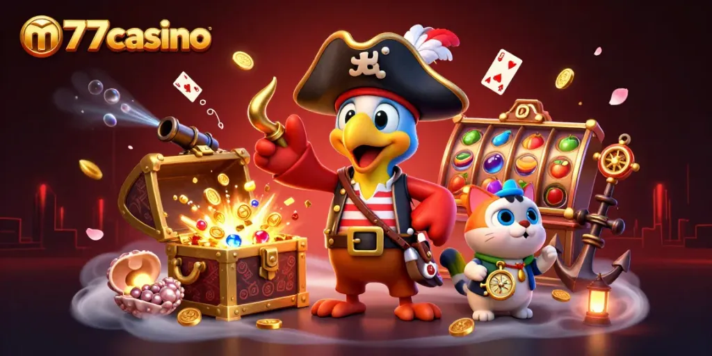 Gambar promosi m77casino dengan karakter daring dan simbol slot yang seru.