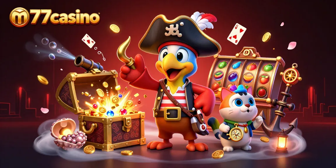 Gambar promosi m77casino dengan karakter daring dan simbol slot yang seru.