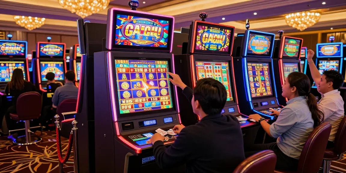 Excited players celebrate a win at a vibrant slot gacor machine in a bustling casino.