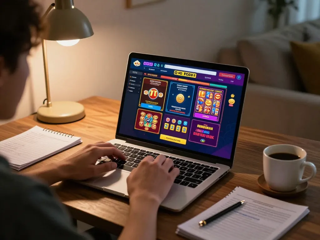 Player engaged with GG88 COM online casino platform, showcasing vibrant games and a cozy home setup.