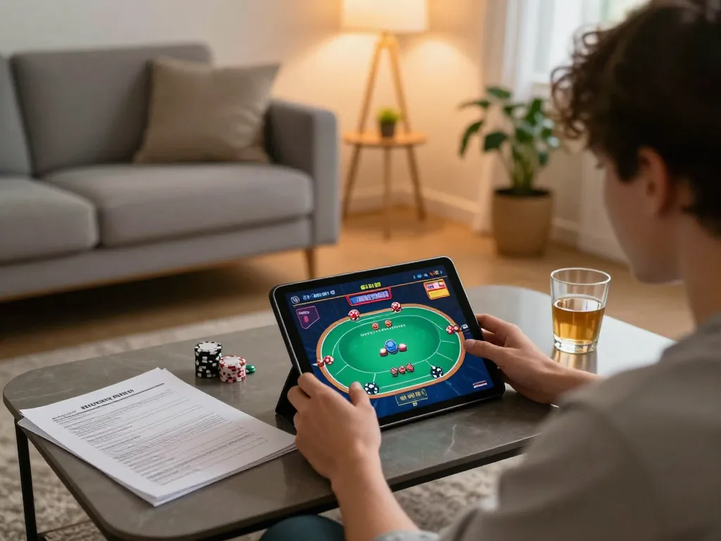 Engaging gameplay on KENZOBET's platform, with a player enjoying poker on a tablet in a cozy home setting.