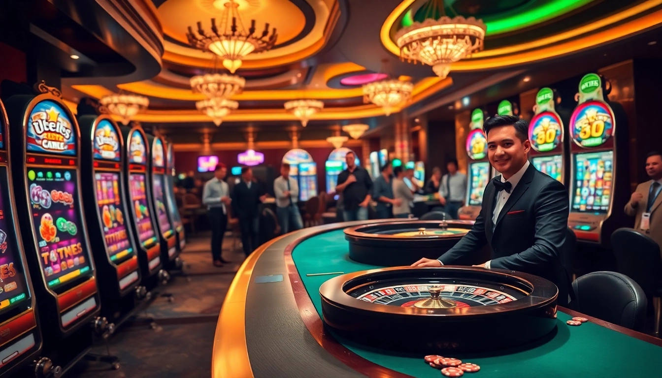 Adegan menawan pengunjung yang menikmati mesin slot situs gacor di lingkungan kasino mewah.