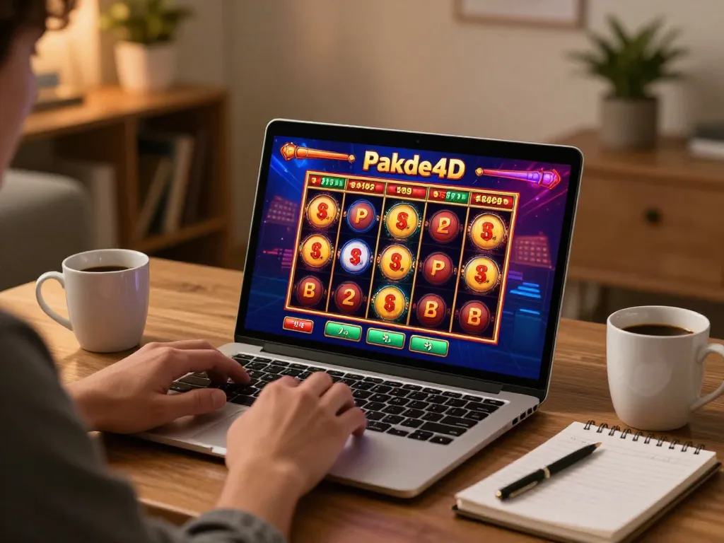 Player enjoying Pakde4D slots game on a laptop with notes in a cozy home environment.