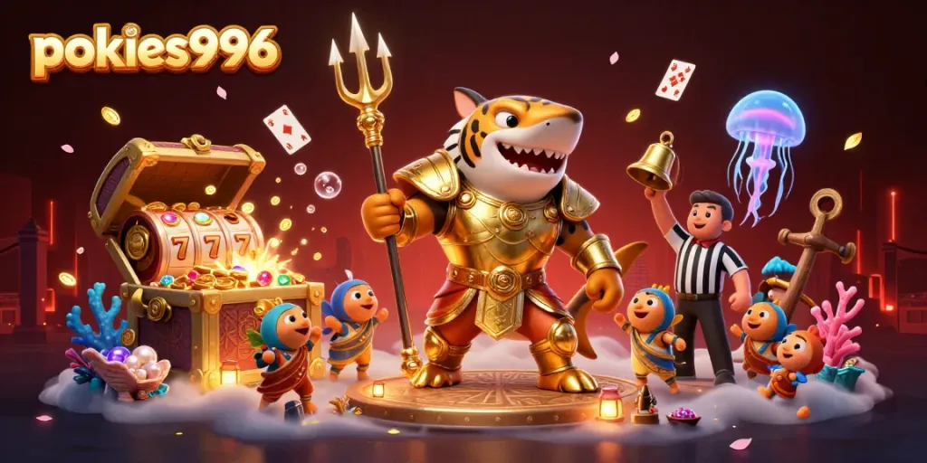 Experience thrilling pokies996 gameplay with a 3D shark gladiator and dynamic casino elements.