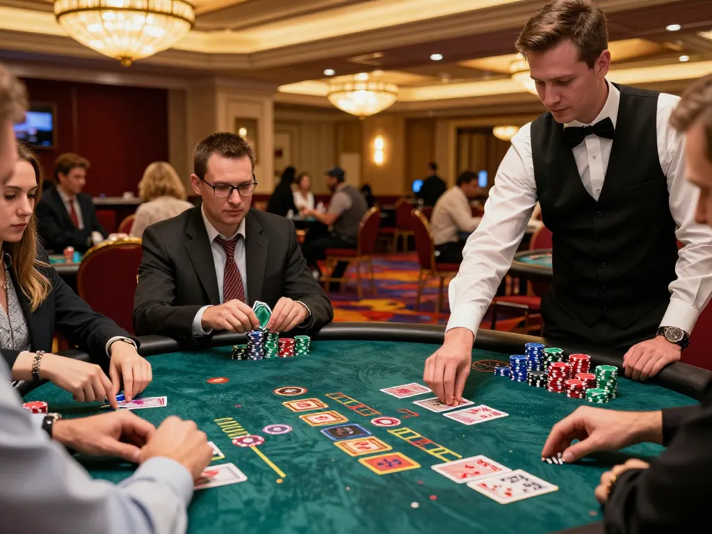 SC88 players strategizing at Power Blackjack table in vibrant casino atmosphere