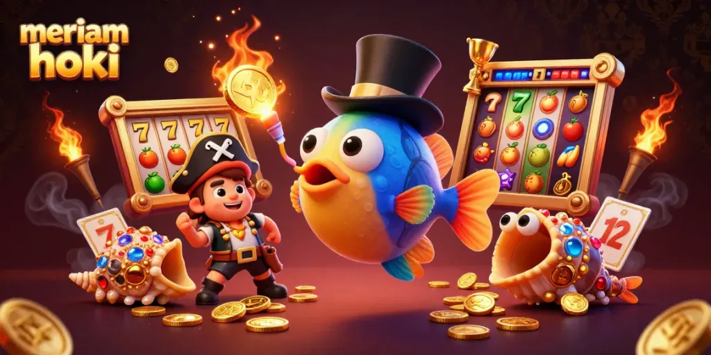 Meriam hoki menampilkan slot klasik dengan ikan pemancing memikat koin emas dalam ilustrasi kasino berdimensi.
