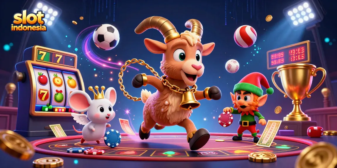 Slot indonesia memperlihatkan suasana kasino yang penuh warna dengan karakter menarik dan elemen slot.