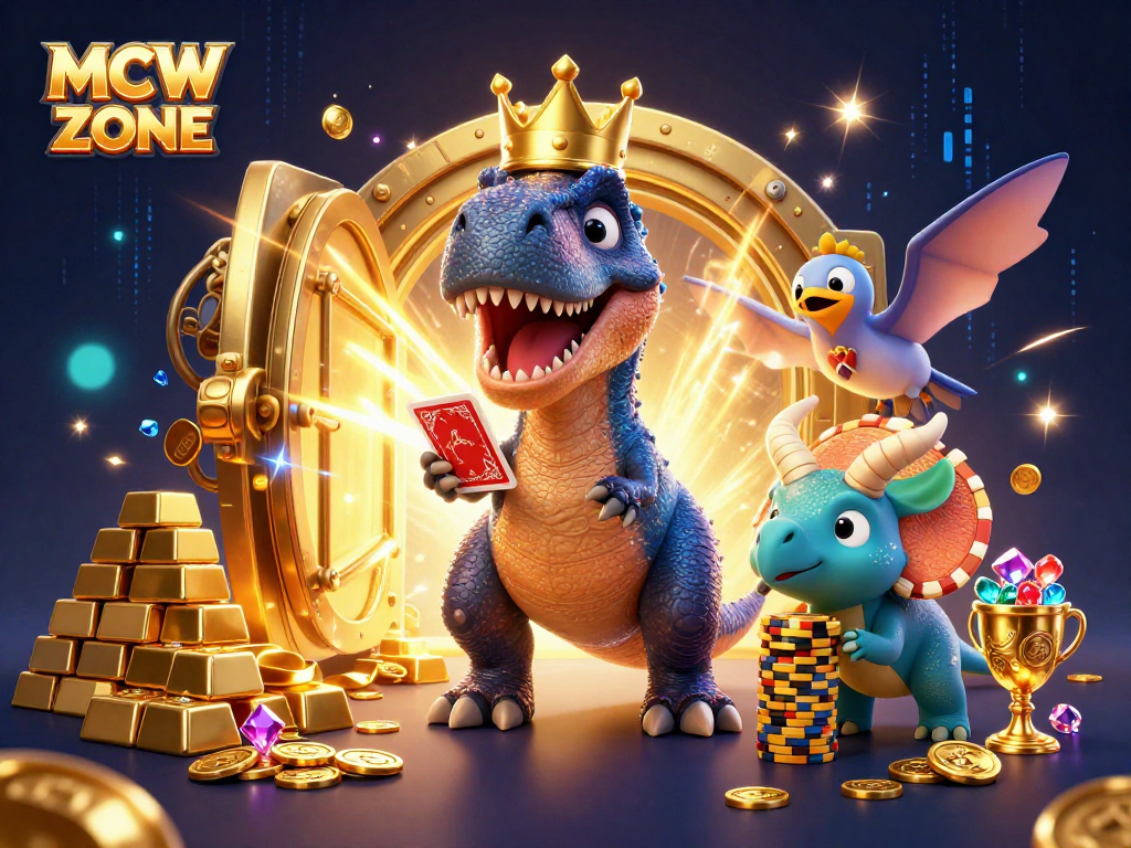 Engage in thrilling gameplay at MCW ZONE with animated characters in a vibrant casino scene.