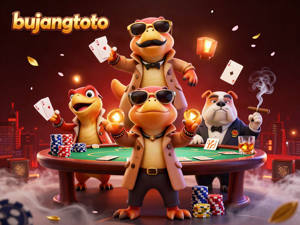 Engage in thrilling gameplay with Bujangtoto as cartoon raptors attempt entry into a vibrant casino.