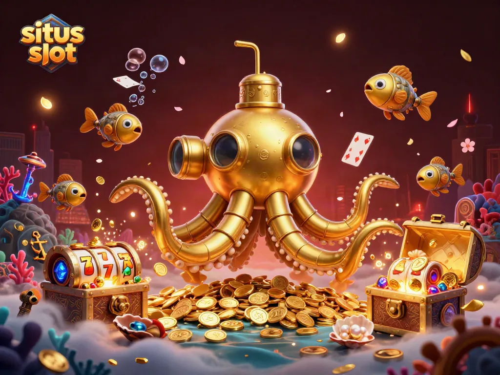 Situs slot menampilkan kraken emas berlayar di lautan koin emas dengan simbol 7 keberuntungan dan mahkota jackpot