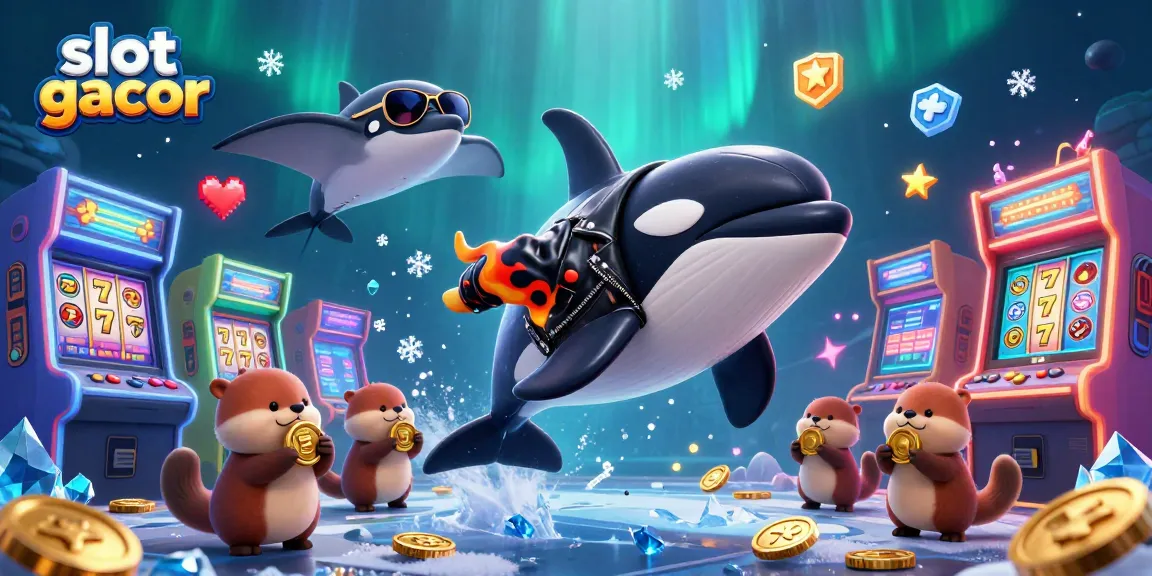 Gambarlah slot gacor yang menarik dengan ikan orca dan keluarga berang-berang yang menyimpan koin emas.