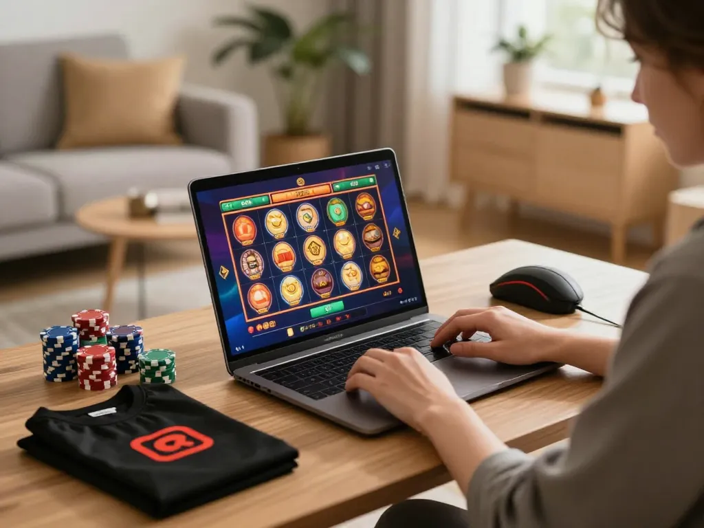 IDNSCORE player engaged with online slot games, showcasing vibrant game interface and cozy setting.