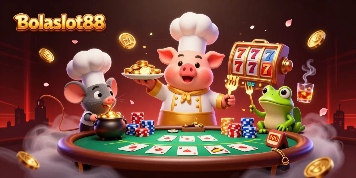 Bolaslot88 showcases an entertaining scene with a pig chef, mouse sous-chef, and frog critic amid poker elements.