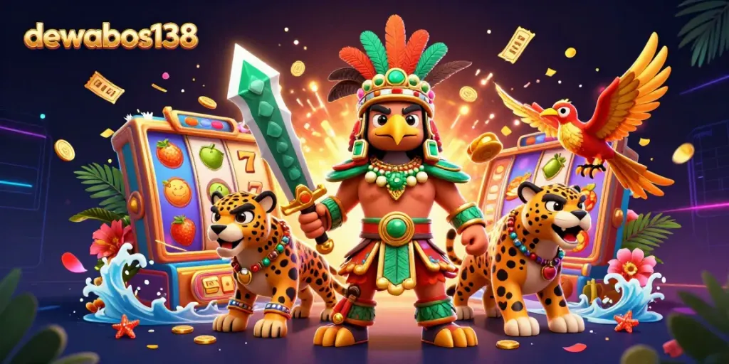 dewabos138 merayakan jackpot dengan simbol buah dan tiket emas bertebaran, mesin slot yang dinamis
