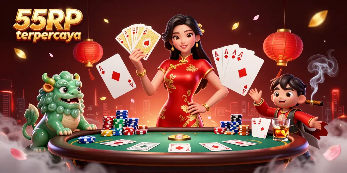 Bermain poker dengan percaya diri di 55RP terpercaya menampilkan seorang wanita elegan dan elemen permainan klasik.