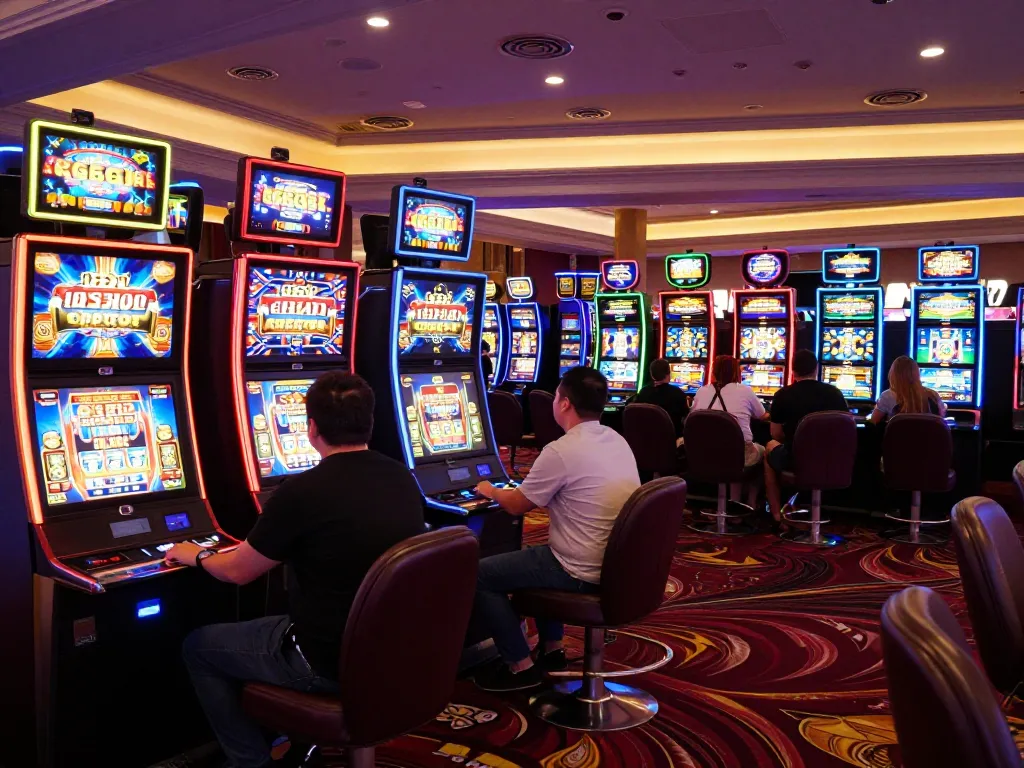 Pemain yang terlibat menikmati mesin slot berwarna-warni di kasino hwg500, menampilkan permainan yang hidup