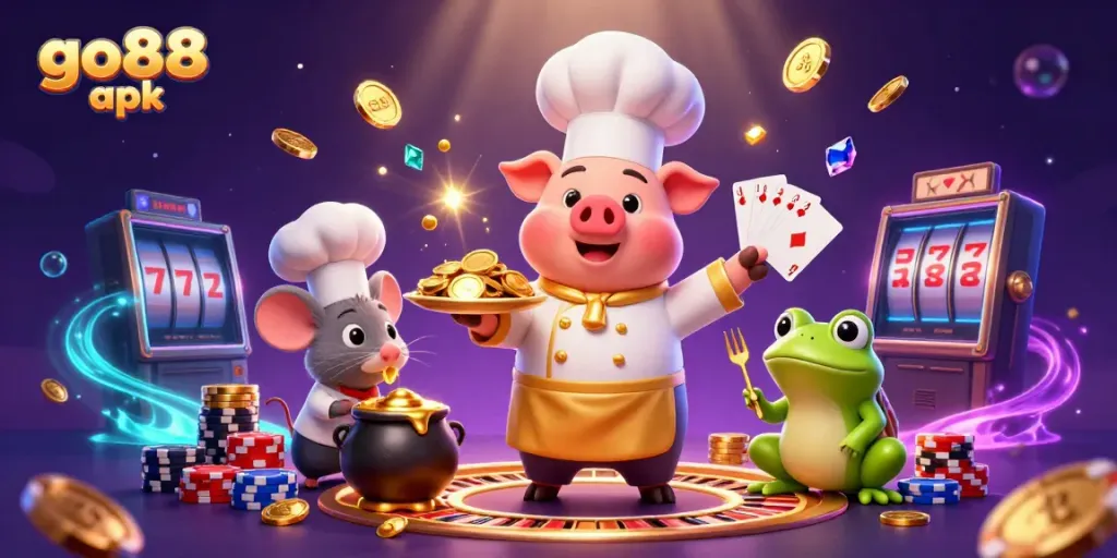 Immerse yourself in the exciting world of go88 apk with a chef serving gold coins amidst a vibrant casino scene.