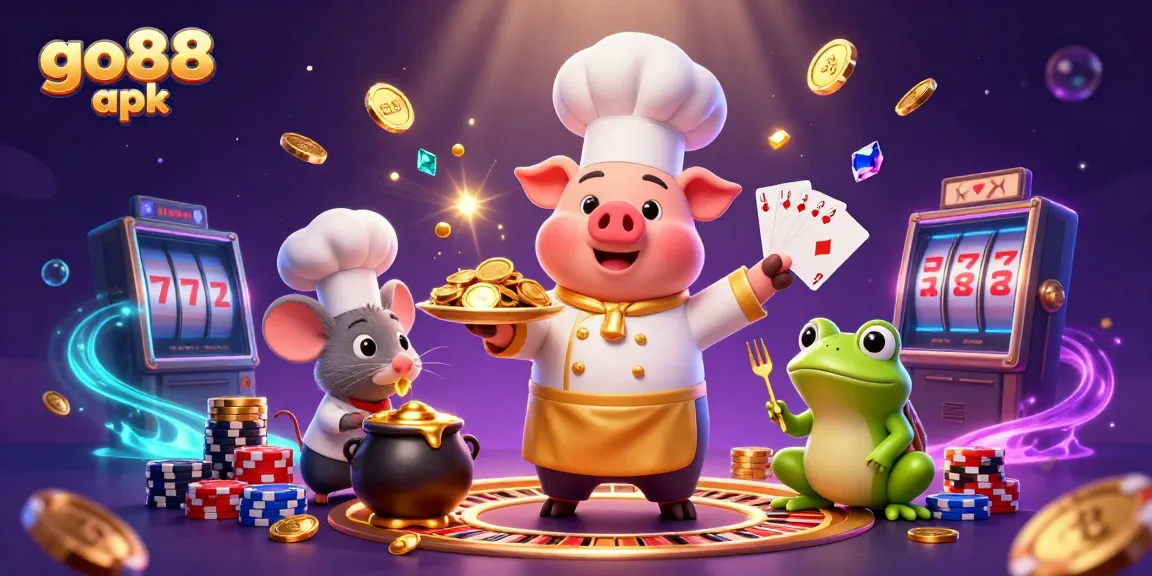 Immerse yourself in the exciting world of go88 apk with a chef serving gold coins amidst a vibrant casino scene.