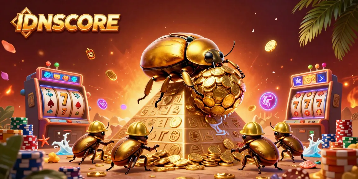 Experience excitement at IDNSCORE with animated golden beetles rolling jackpot coins amidst vibrant slot reels.