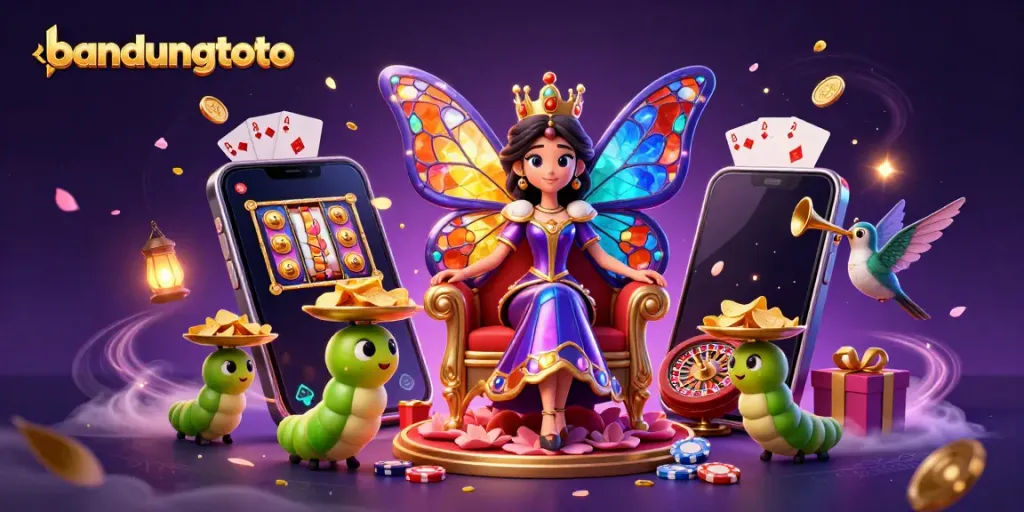 Experience the vibrant gameplay of bandungtoto with a colorful 3D casino scene featuring slot games and bonuses.