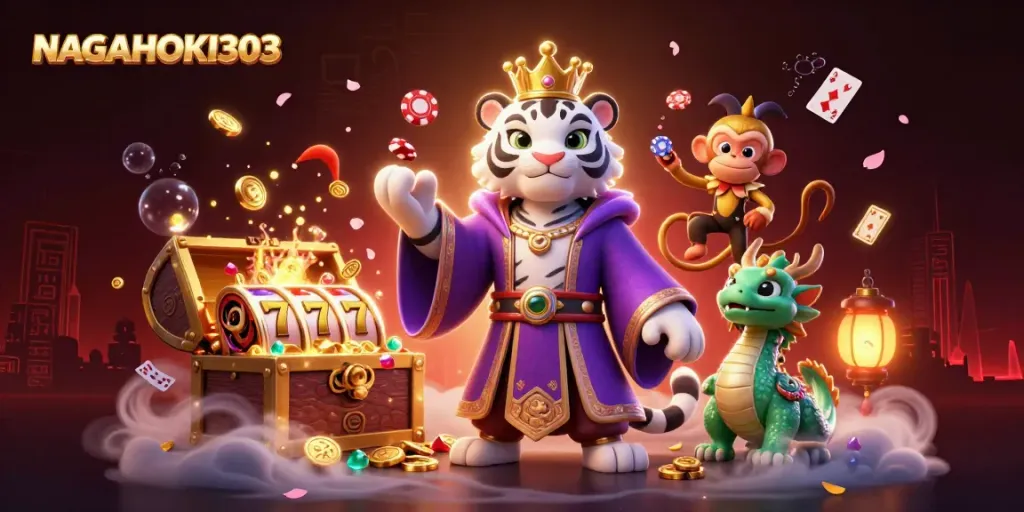 NAGAHOKI303 features a royal tiger, monkey, and dragon amidst vibrant casino elements.