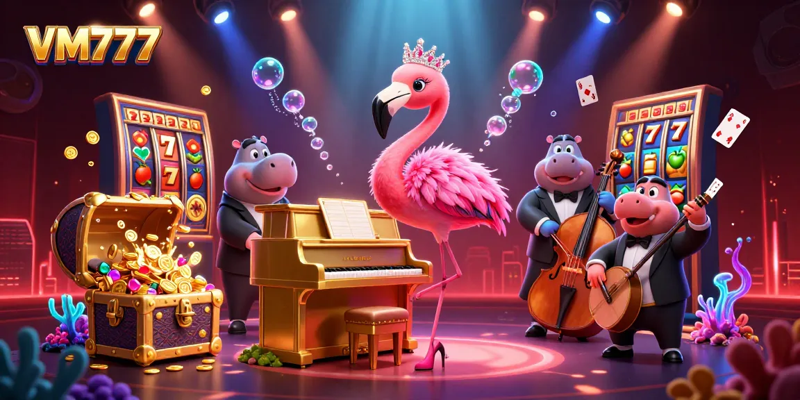 Experience excitement at VM777 with a vibrant scene featuring a singing flamingo and playful hippo in a casino.